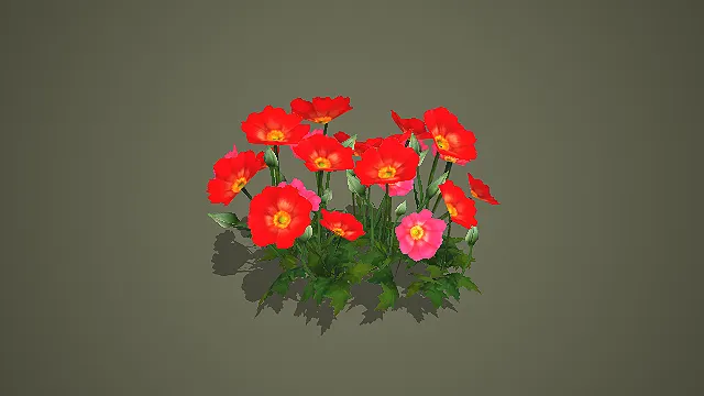 低模红粉双色虞美人 3D 模型 游戏自然场景花卉素材