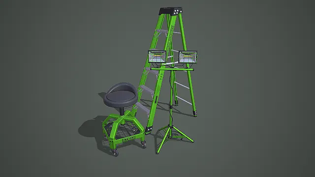 绿色工业维修梯凳与移动工作灯三件套 3D 模型