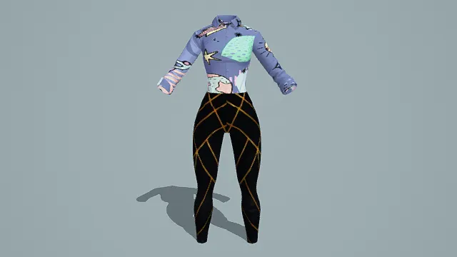   卡通风格3D服装模型，创意设计（卡通服装、3D模型、紫色印花衬衫、黑色菱形纹裤子、灰色背景、独特造型 ）
