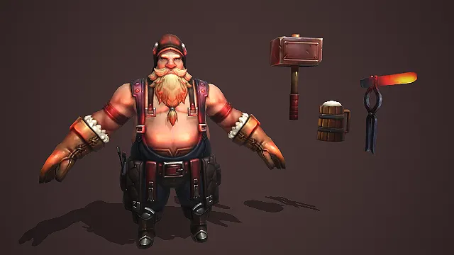 带锤子酒桶和斧子的矮人铁匠游戏 NPC 模型