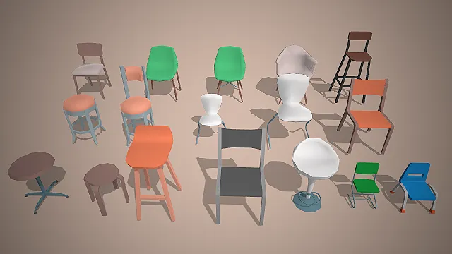 一组低多边形卡通风格的3D座椅模型集合
