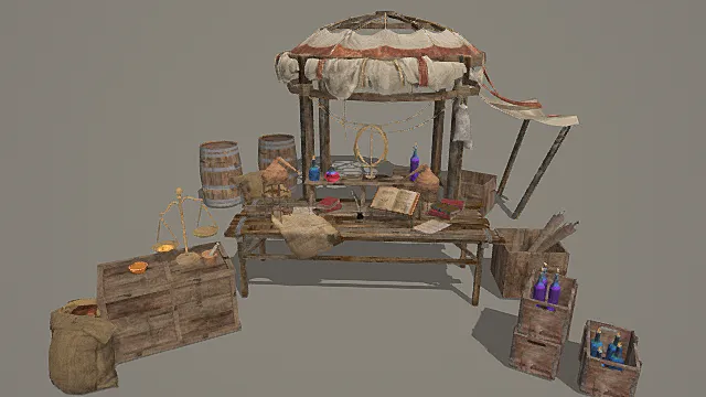 中世纪市集风格魔法药剂摊位模型
