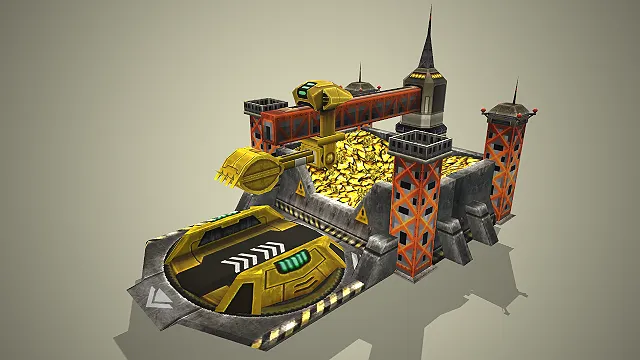 一个写实风格的3D科幻矿场模型，搭配橙色桁架与起重机臂