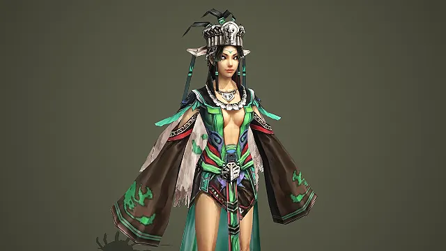 戴华丽银质头冠的绿装部落女祭司游戏 3D 模型