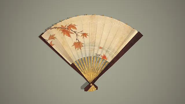 写实风格秋枫落叶折扇 3D 中式古风装饰道具模型
