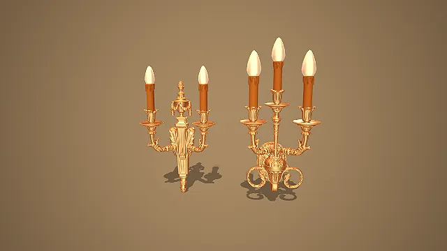 欧式复古金色二臂与三臂烛台壁灯组合场景装饰模型