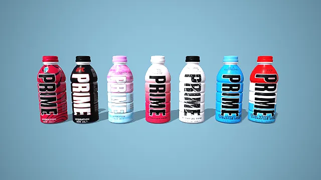 卡通风格多口味 PRIME 电解质水组合 3D 低多边形饮品场景装饰模型