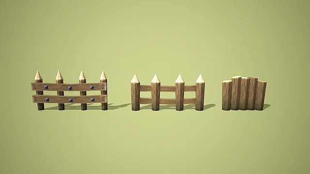 卡通风格多款式木栅栏与木桩组合 3D 低多边形场景装饰模型