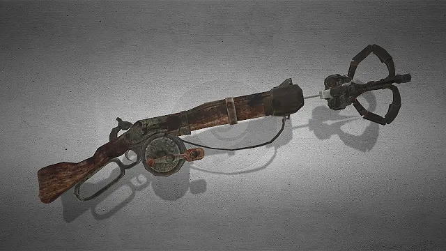 一款布满锈蚀痕迹的废土风格抓钩枪的3D模型