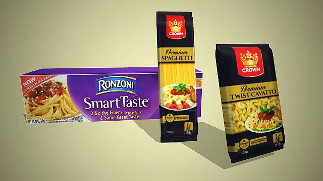 一组不同品牌和款式的意面3D模型，是西餐烹饪中常用的速烹主食组合