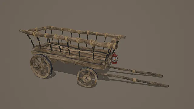 中世纪质朴风原木绳索手推车3D模型