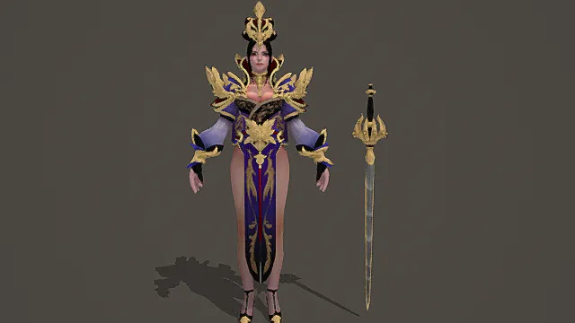 国风仙侠风女性角色模型（紫金配色华丽服饰造型）