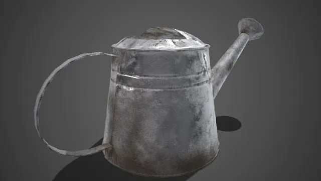 镀锌金属喷壶  银灰色镀锌材  污渍氧化痕迹  园艺工具  浇水灌溉  户外使用