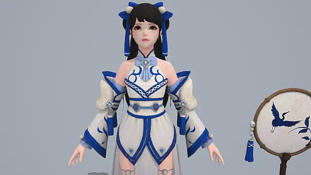 国风古典风女性角色模型（白蓝配色清新服饰造型）