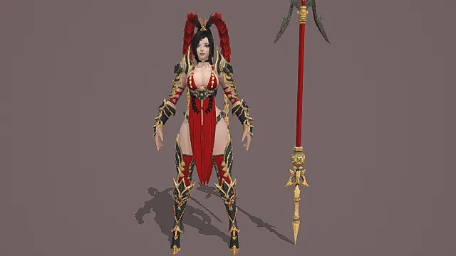 国风武侠风女性角色模型（红金黑配色华丽战甲造型）