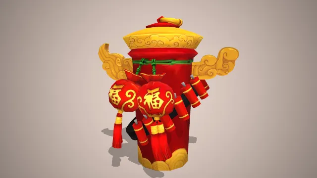 红色柱子玩具黄色装饰挂有两个有福字的香囊和一串炮竹