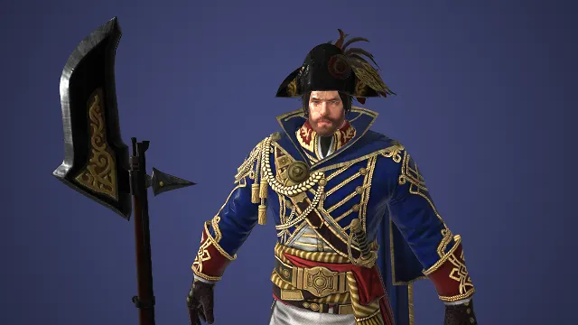 军礼服战将  蓝金军装  游戏角色模型  金色花纹  鎏金腰带  华贵  巨斧  复古质感