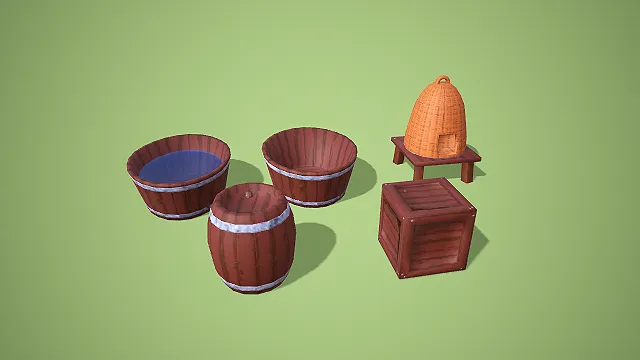 卡通风格木桶鸡笼与木箱组合 3D 低多边形乡村场景装饰模型