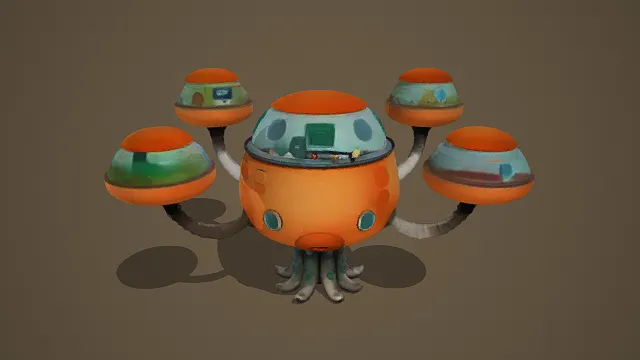 卡通风格3D奇幻机械装置模型，创意设计（卡通奇幻机械装置、3D模型、球形主体与多舱室结构、透明舷窗、章鱼状底座）