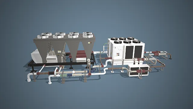 工业制冷机组  暖通设备  多组风冷外机  复杂管道网络