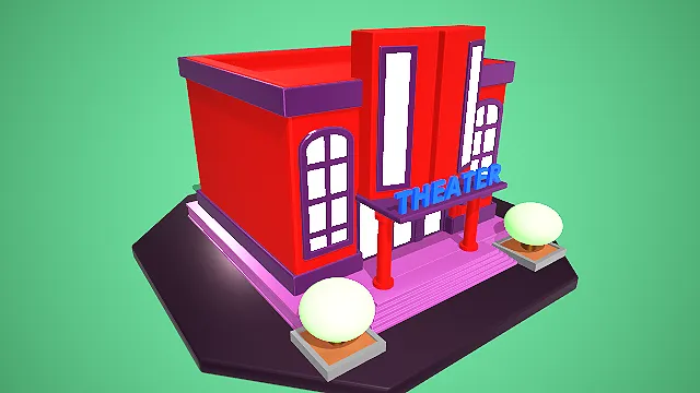 卡通风格剧院建筑 3D 低多边形城市场景装饰模型