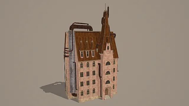 蒸汽奇幻风红砖多尖顶工业建筑3D模型