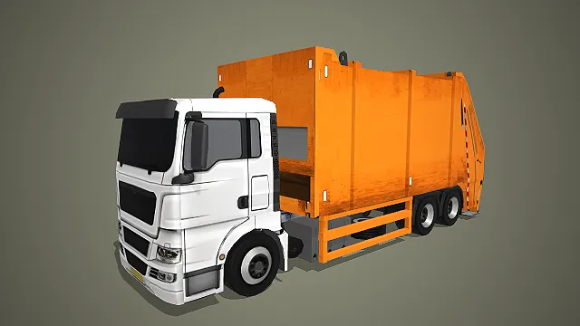 白橙配色垃圾清运车带大型垃圾箱写实汽车模型