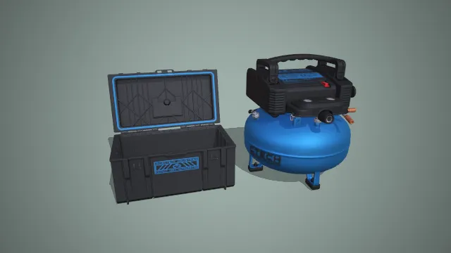 黑蓝配色打开式工具箱与镜面气罐空压机组合工具 3D 模型