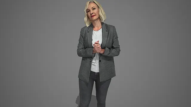 灰纹西装套装女性交握双手站姿商务人物 3D 模型