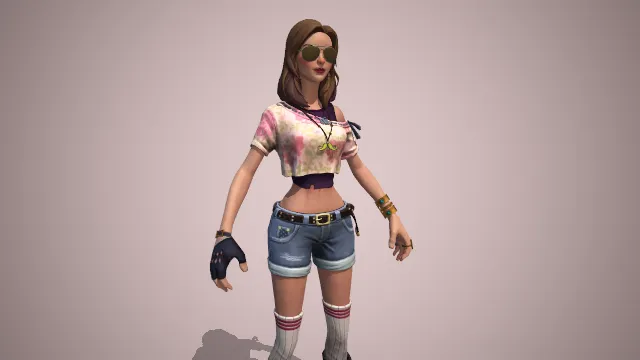 戴墨镜的短发女生，上半身粉白短袖，下半身牛仔短裤