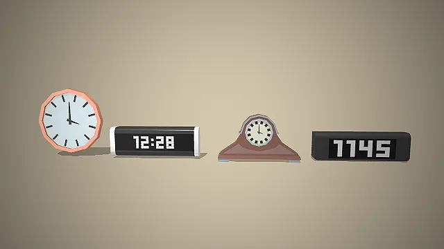一组低多边形卡通风格的3D时钟模型集合