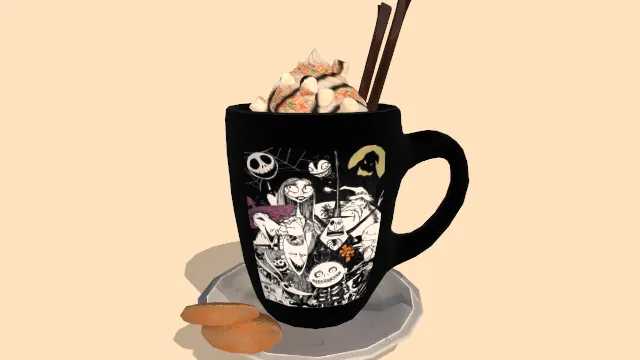 有僵尸新娘图案的马克杯放有棉花糖饼干饮料食物