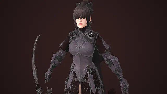 游戏女角色  暗黑铠甲  披风  弯刀  肃穆战装  高马尾  暗黑系