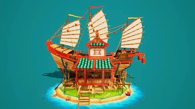   卡通风格3D帆船场景模型，创意设计（卡通帆船、3D模型、中式建筑、多彩装饰、绿色岛屿、蓝色背景、趣味细节 ）