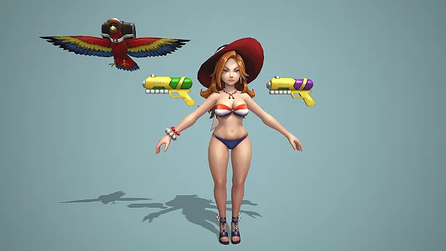 卡通 Q 版泳装红发女枪手带双水枪鹦鹉伙伴 3D 游戏角色模型