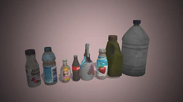 一组包含多种饮料和日常容器的做旧瓶装模型集合