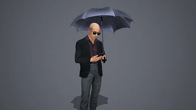 光头穿休闲西装持透明伞看手机的男性写实模型