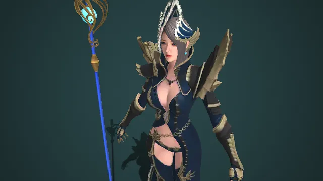 女祭司  金纹装饰  羽饰元素  神圣威严  蓝金法杖  魔法战装  圣魔法女将