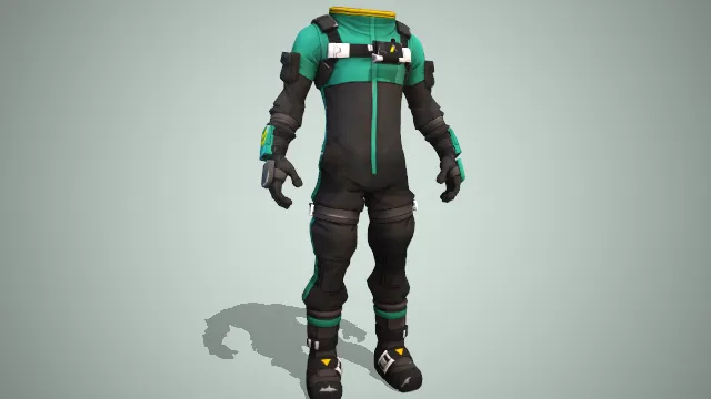 黑色为主的一体防护服有黑色的卡扣背带