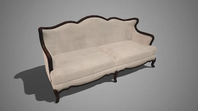 欧式复古风格  双人沙发  米白色布艺软垫  曲线木质扶手设计  涡旋形雕花脚  客厅家具  