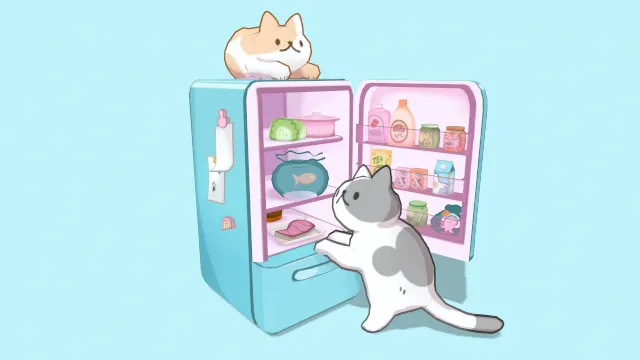 可爱卡通冰箱上的猫咪和翻冰箱的猫咪