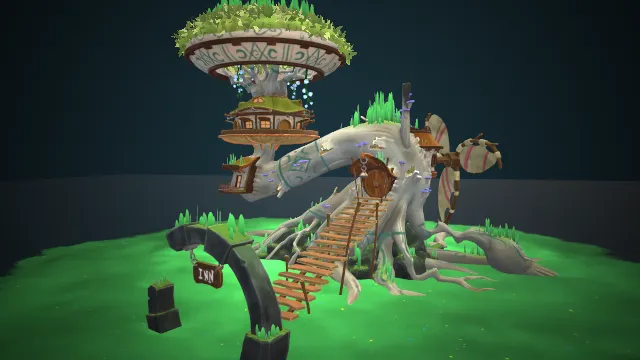 旅舍树风格化景观建筑场景风车动画