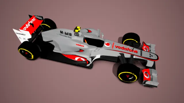 写实风格3D F1赛车模型，创意设计（写实F1赛车、3D模型、Vodafone等品牌标识、流线型车身、黄色轮圈细节）