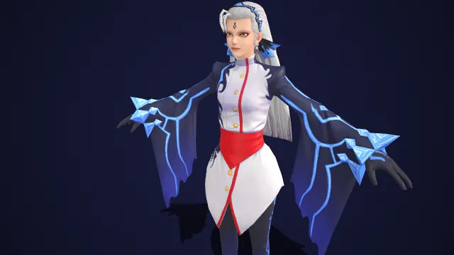 银白异发：蓝纹白装的奇幻格斗女  异能风格  女性角色模型  神秘气质  星芒状光纹  和风服饰  优雅质感