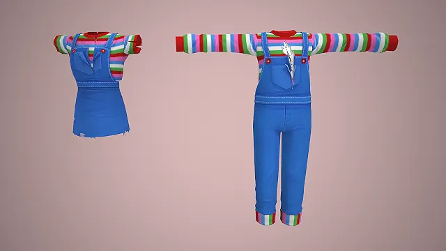 鬼娃恰吉  蓝色背带裤  缝线补丁  彩色条纹衫