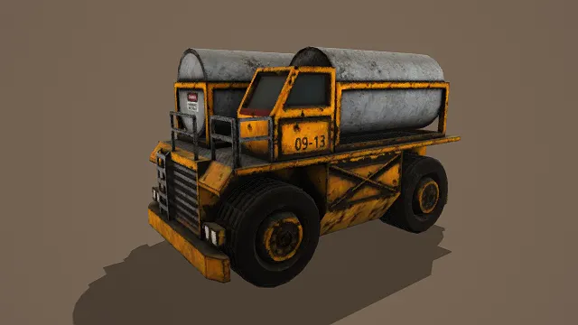 3D卡通风格黄黑灰系工业运输车模型，创意设计（3D车辆、卡通风格、工业复古风，物品设计主题）