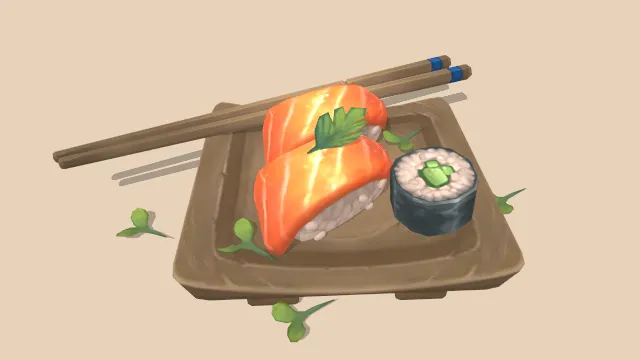 日本食品盘子放有寿司筷子鱼肉蔬菜