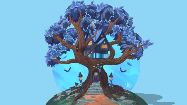 风格化树木木屋建筑房子月亮