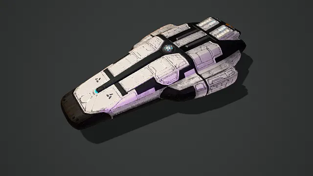 科幻风格3D宇宙飞船模型，创意设计（科幻宇宙飞船、3D模型、白紫主体、黑色线条、灰色背景、独特造型 ）