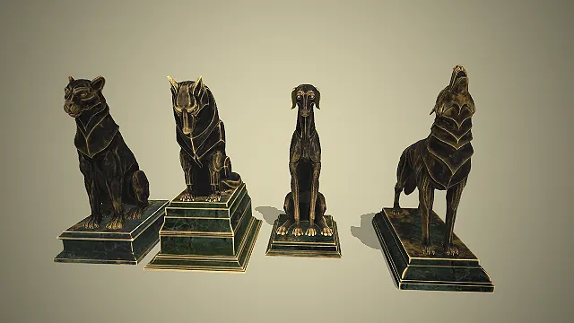 一组青铜质感的犬科动物雕塑3D模型，包含不同姿态的狼与猎犬造型